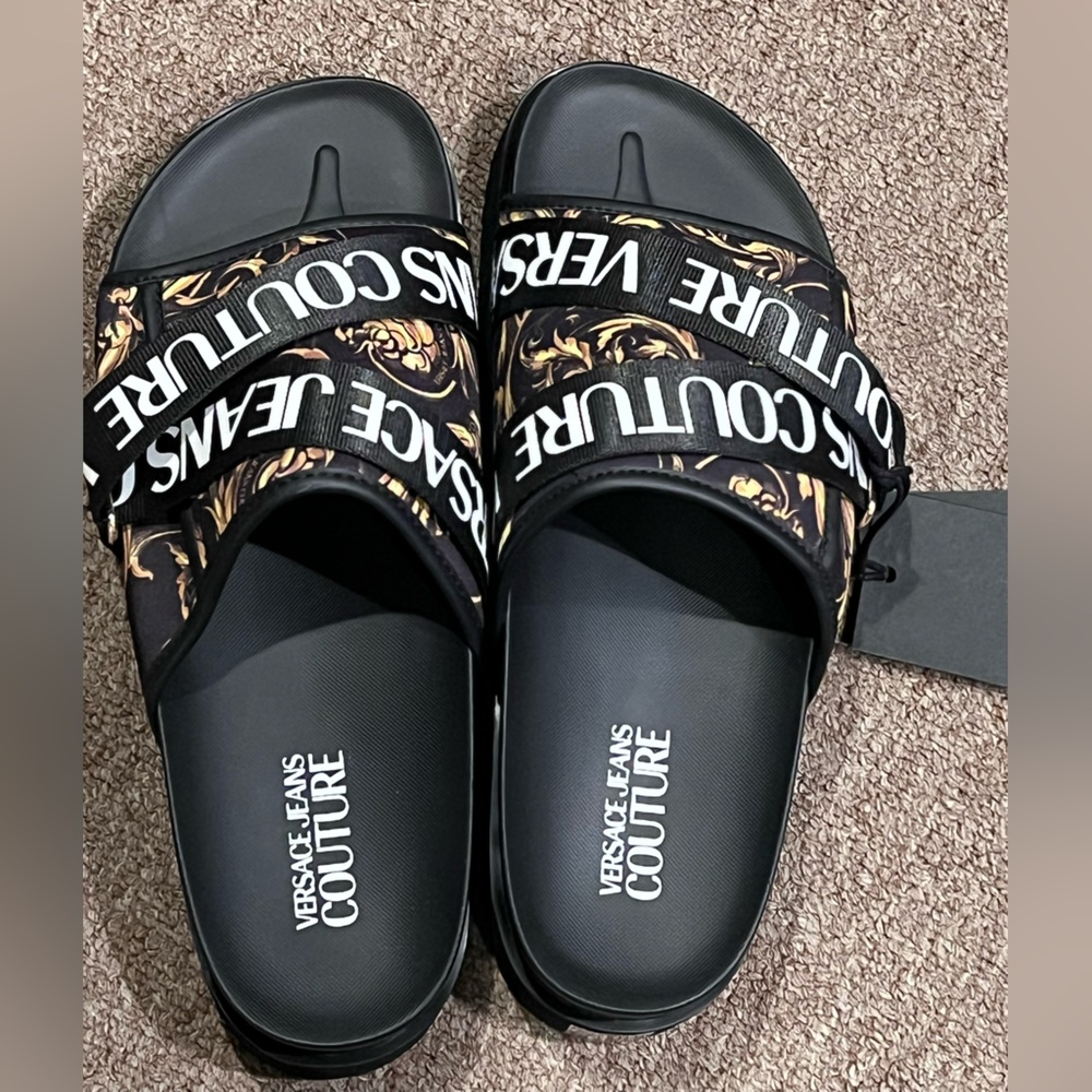 Versace Jeans Collection Black & Gold Baroque Logo Slide Sandals